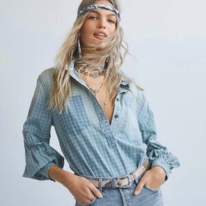 We The Free Washed Light Blue Plaid Pullover Shirt